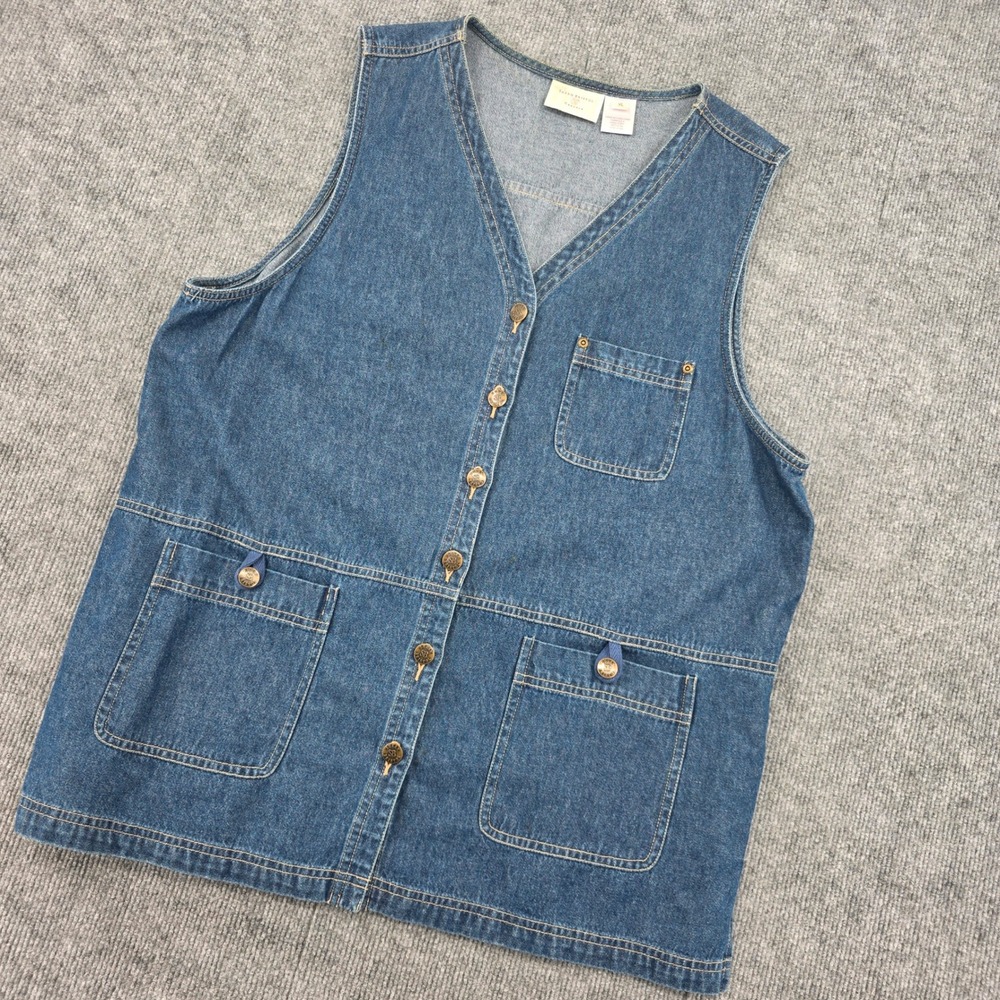 Susan Bristol Casuals Blue Denim Vest XL Button Front V-Neck Pockets Back Tie